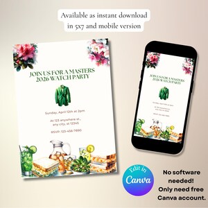 May include: Digital invitation for a Masters 2026 watch party, available as an instant download in 5x7 and mobile versions. Features watercolor illustrations of a green jacket, floral accents, and refreshments. Includes event details and RSVP information.