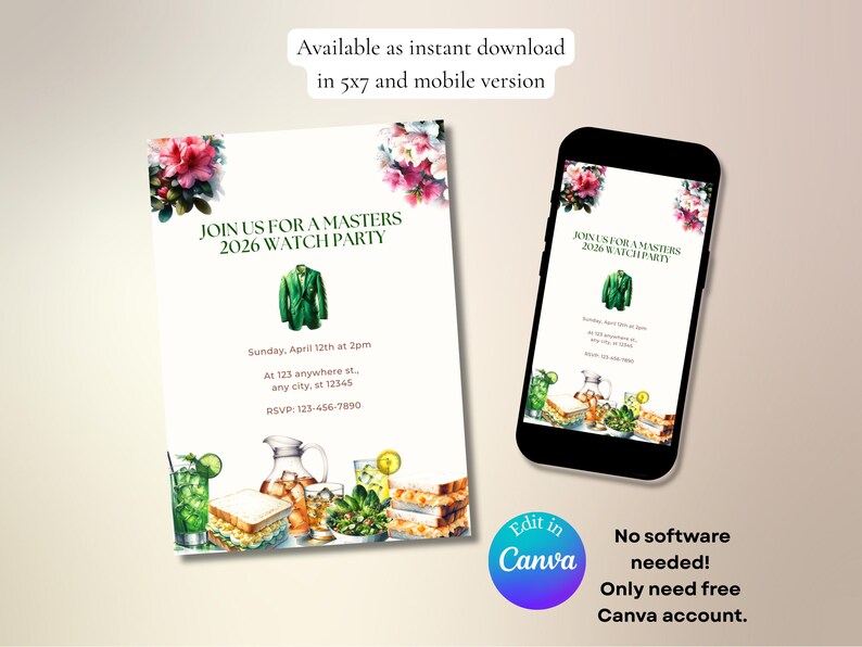 May include: Digital invitation for a Masters 2026 watch party, available as an instant download in 5x7 and mobile versions. Features watercolor illustrations of a green jacket, floral accents, and refreshments. Includes event details and RSVP information.