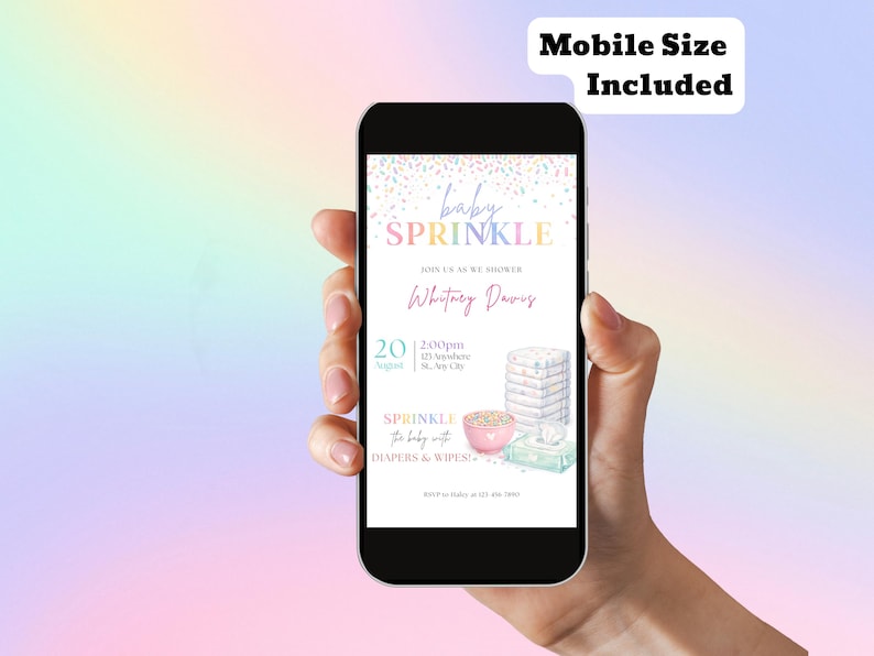 Peut inclure: Un smartphone affiche une invitation &agrave; une baby shower avec le texte "baby SPRINKLE". L'invitation pr&eacute;sente des couleurs pastel, des confettis et des illustrations de couches, de lingettes et d'un bol. Le t&eacute;l&eacute;phone est tenu sur un fond doux et color&eacute;.