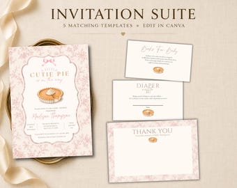 A Little Cutie Pie – Baby Shower Invitation Suite, Editable Canva Templates (Digital Download)