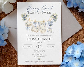 Blaubeer-Baby-Dusche-Einladung | Junge Babyparty einladen | Bearbeitbare Canva Vorlage | Blaubeere Wäscheleine Dusche