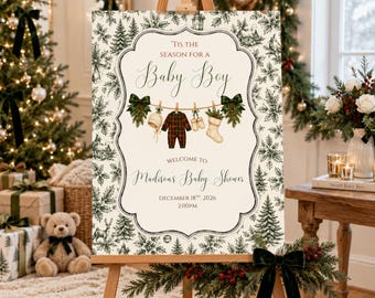 Tis the Season Baby Boy Shower Welcome Sign, Christmas Toile Editable Template (Digital Download)