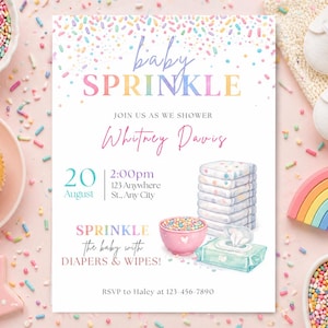 Peut inclure: Une invitation &agrave; une baby shower avec les mots "baby SPRINKLE" en couleurs pastel. L'invitation comprend les d&eacute;tails de l'&eacute;v&eacute;nement, ainsi que des illustrations &agrave; l'aquarelle de couches, de lingettes et d'un bol de vermicelles. L'invitation est entour&eacute;e de cupcakes, de vermicelles et de chaussures de b&eacute;b&eacute;.