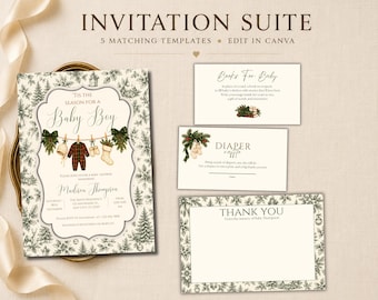 Tis the Season Baby Boy Shower Invitation Suite, Christmas Winter Bundle (Canva Template)