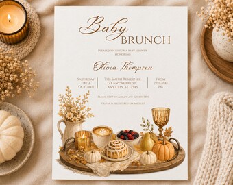 Invitation pour un brunch de baby shower d'automne, modèle automnal modifiable (téléchargement numérique)