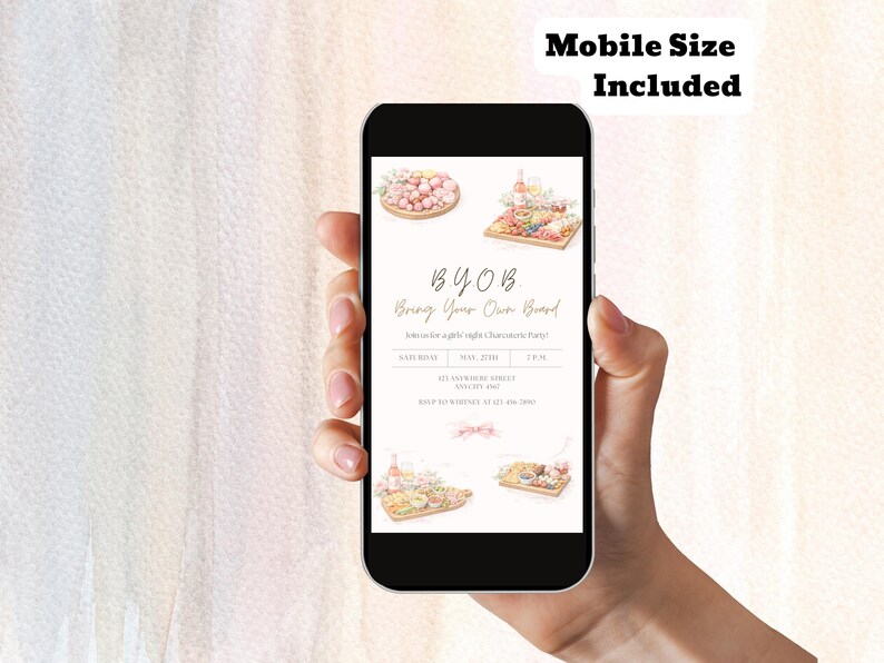 May include: A smartphone displays a BYOB invitation for a girls night charcuterie party. The invitation features watercolor illustrations of food platters and text. The phone is held by a person.