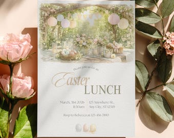 Osterlunch Einladung, Osterbrunch einladen, Frühling Ostertreffen einladen, bearbeitbare Canva Vorlage, printable & mobil