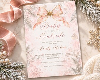 Invitation pour une fête prénatale « Bébé, il fait froid dehors », thème flocons de neige rose féérique hivernal