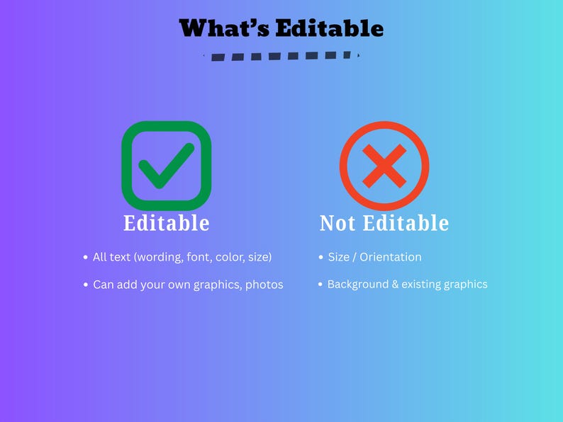 May include: A graphic with the title "What's Editable" on a gradient blue and purple background. It features a green checkmark icon labeled "Editable" and a red X icon labeled "Not Editable", with lists of what can and cannot be edited.