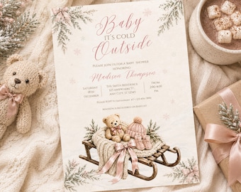 Invitation « Bébé, il fait froid dehors », Baby Shower d'hiver pour fille, Traîneau en peluche (Modèle Canvas)