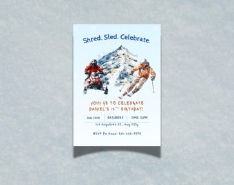 Invitación para fiesta temática de trineo • Invitación para fiesta de cumpleaños de invierno • Tema de esquí y trineo • Plantilla editable de Canva