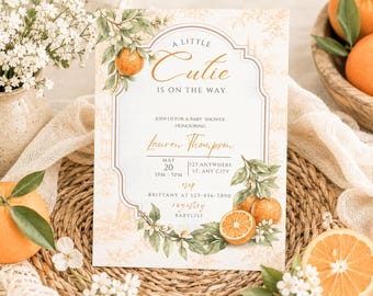 Citrus Baby Shower Invitation, Watercolor Orange Cutie Template (Digital Download)