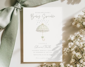 Baby Sprinkle-Einladung, Salbei-grüner Regenschirm-Babyparty-Einladung, neutrales Toile Aquarell Sprinkle-Einladung, bearbeitbare Vorlage