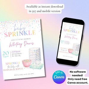 Peut inclure: Une invitation &agrave; une baby shower avec le mot "SPRINKLE" en couleurs pastel. L'invitation comprend la date, l'heure, le lieu et les informations RSVP. Un smartphone affiche l'invitation. Des illustrations de couches, de lingettes et d'un bol de confettis sont &eacute;galement incluses.