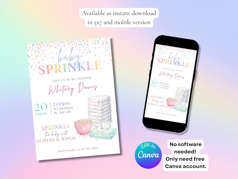 Peut inclure: Une invitation &agrave; une baby shower avec le mot "SPRINKLE" en couleurs pastel. L'invitation comprend la date, l'heure, le lieu et les informations RSVP. Un smartphone affiche l'invitation. Des illustrations de couches, de lingettes et d'un bol de confettis sont &eacute;galement incluses.