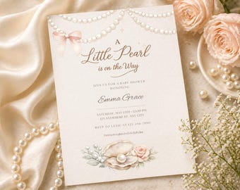 Faire-part de baby shower petite perle, noeud de perle d'invitation, baby shower de fille élégante, modèle de toile modifiable, une petite perle d'invitation