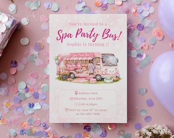 Spa-Party-Bus-Einladung, Mädchen-Geburtstag einladen, Spa-Geburtstagsfeier, bearbeitbare Canva-Vorlage, 5x7 Printable & Mobile Invite