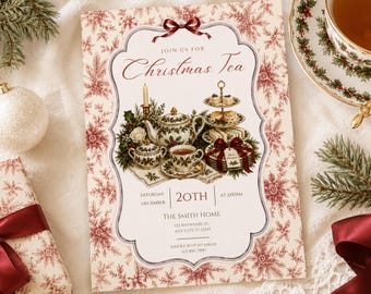 Christmas Tea Invitation Template, Editable Holiday Party Invite (Digital Download)