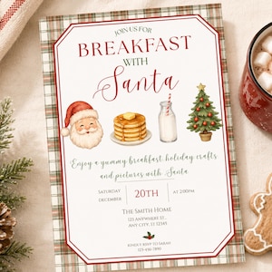 Mall för frukost med jultomten, julinbjudan i akvarell (digital nedladdning) bild 1