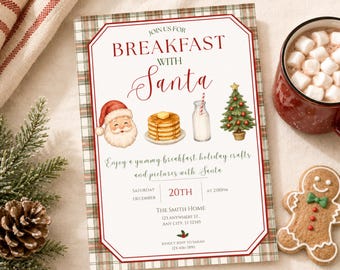 Modèle d'invitation pour un petit-déjeuner avec le Père Noël, invitation de Noël aquarelle (téléchargement numérique)