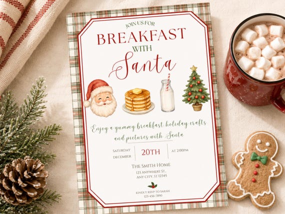 Breakfast with Santa Invitation Template, Watercolor Christmas Invite (Digital Download)