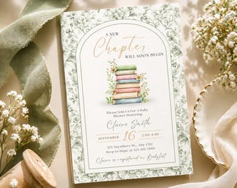 Une nouvelle invitation pour une fête prénatale sans distinction de sexe | faire-part de fête prénatale de thème de livre | Modèle de toile modifiable | Invitation imprimable et mobile