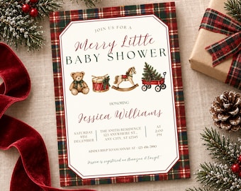Merry Little Baby Shower Invitation, Plaid Teddy Bear, Christmas Baby Boy (Editable Canva Template)