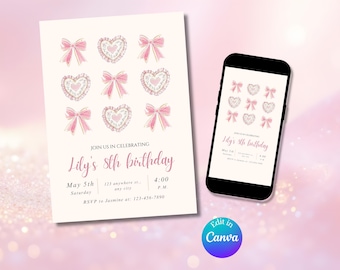 Coquette Birthday Party Invitation | Bow Birthday Invite | Pink Girly Birthday | Editable Canva Printable & Phone Invite