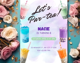 Lassen Sie uns Par-Tea Einladung | Niedliches Par-Tea Geburtstags-Einladung | Bearbeitbare Canva Vorlage | Printable & Mobile Digital Download | Luftblase Tee | Boba