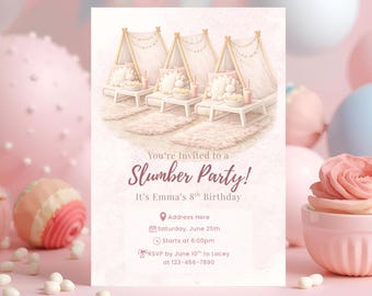 Slumber Party Invitation, Girls Sleepover Birthday Invite, Editable Canva Template, Pink Sleepover Party, Printable Invite