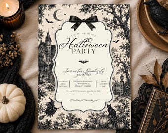 Plantilla de invitación para fiesta de Halloween, invitación de Halloween editable, invitación para fiesta de disfraces, plantilla de Canva de estilo gótico vintage.