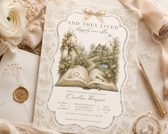 Invitation pour une fête prénuptiale sur le thème des contes de fées, avec un « ils vécurent heureux pour toujours », modèle numérique modifiable (imprimable/mobile)