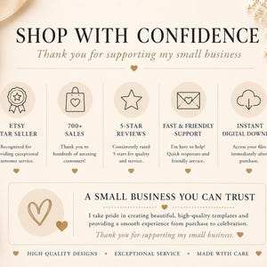 K&ouml;nnte beinhalten: Eine beige Infografik mit dem Titel SHOP WITH CONFIDENCE, die f&uuml;nf kreisf&ouml;rmige Symbole f&uuml;r Etsy Star Seller, 700+ Verk&auml;ufe, 5-Sterne-Bewertungen, schnellen Support und sofortigen digitalen Download sowie den Text A SMALL BUSINESS YOU CAN TRUST enth&auml;lt.