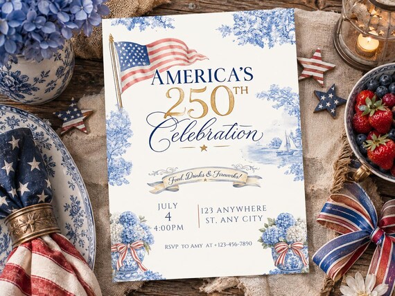 America’s 250th Celebration Invite Template, 4th of July Party Invitation, Patriotic Americana Party, USA 250 Editable Canva Invite