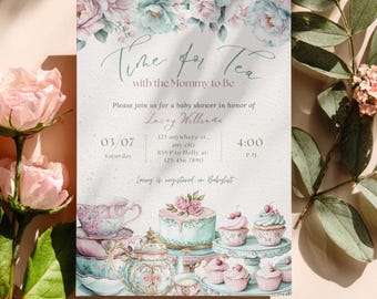 Time for Tea Mommy to Be Babypartyeinladung | Tee-Party-Dusche einladen | Bearbeitbare Canva Vorlage | Druckbar & Handy Download