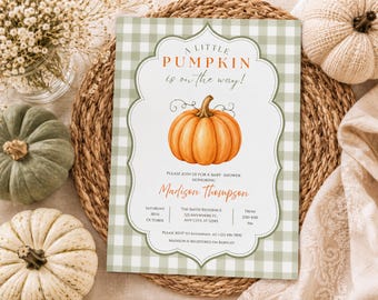 Little Pumpkin Baby Shower Invitation, Sage Gingham Fall Invite (Digital Download)