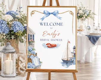 Coastal Bridal Shower Welcome Sign, Nautical Lobster Sailboat Decor (Digital Download)