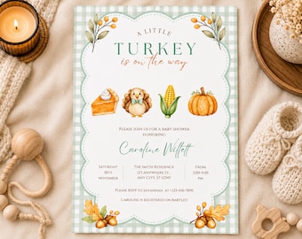 Little Turkey Baby Shower Invitation, Thanksgiving Boy Invite, Fall Autumn Template (Digital Download)