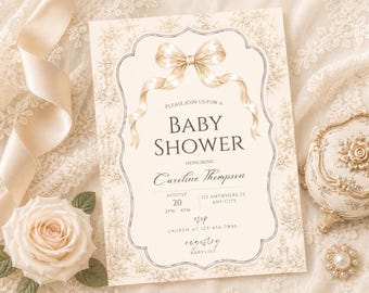 Modèle d'invitation pour baby shower sur toile beige, nœud élégant style campagne française (Téléchargement numérique)