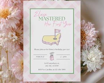 Sie meisterte ihr erstes Jahr Invite | Masters Golf Turnier Geburtstag | Mädchen Golf 1 Geburtstag | Bearbeitbare Leinwand | Druckbar & Evite