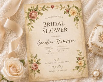 Invitation vintage pour une fête prénuptiale sur le thème des fleurs sauvages, modèle de fête champêtre à l'aquarelle (téléchargement numérique)