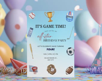 Invitación de cumpleaños All Star / Invitación para fiesta de cumpleaños deportiva / Cumpleaños deportivo para niños / Plantilla editable de Canva / Invitación imprimible y para móvil