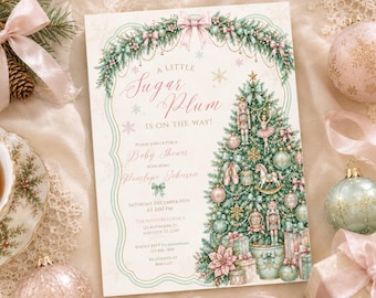 Sugar Plum Baby Shower Invitation, Nutcracker Christmas Invite, Pastel Pink Mint (Digital Download)