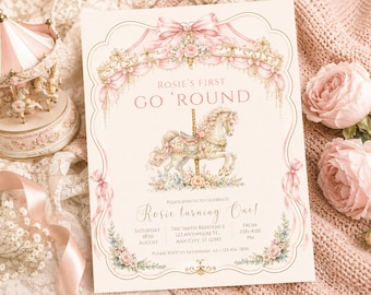 Her First Go Round Birthday Invitation, Watercolor Floral Design, Editable Canva Template (Digital Download)