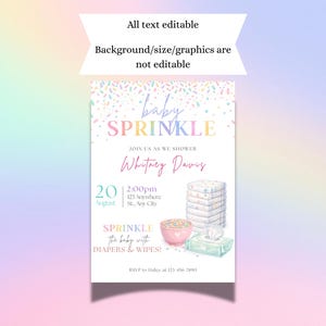 Peut inclure: Une invitation &agrave; une baby shower sur fond arc-en-ciel pastel. L'invitation pr&eacute;sente les mots "baby SPRINKLE" en lettres color&eacute;es, ainsi que les d&eacute;tails de l'&eacute;v&eacute;nement, notamment la date, l'heure et le lieu. Des illustrations de couches, de lingettes et d'un bol de vermicelles sont &eacute;galement incluses.