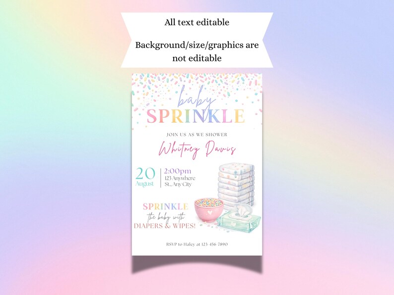 Peut inclure: Une invitation &agrave; une baby shower sur fond arc-en-ciel pastel. L'invitation pr&eacute;sente les mots "baby SPRINKLE" en lettres color&eacute;es, ainsi que les d&eacute;tails de l'&eacute;v&eacute;nement, notamment la date, l'heure et le lieu. Des illustrations de couches, de lingettes et d'un bol de vermicelles sont &eacute;galement incluses.