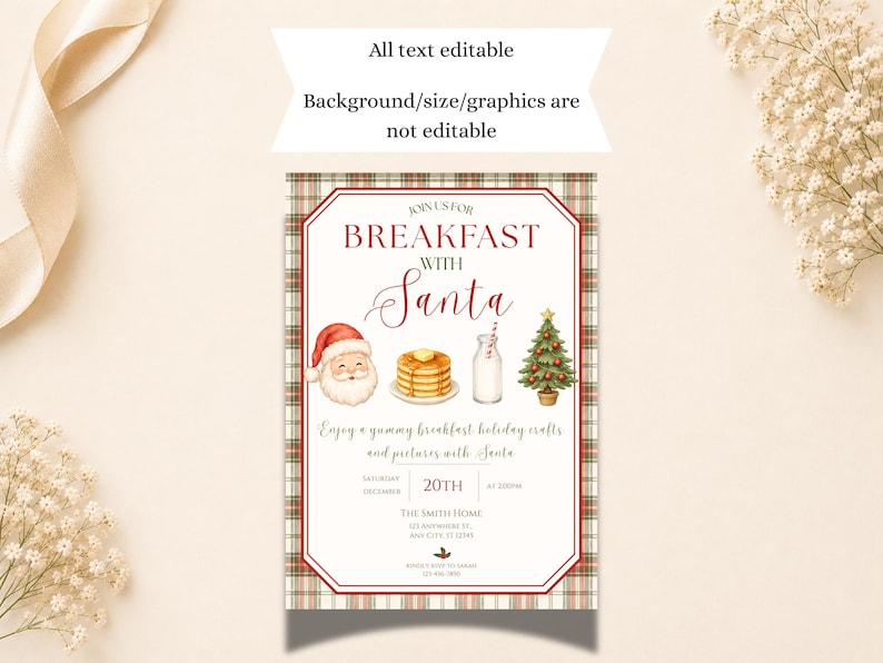 Mall för frukost med jultomten, julinbjudan i akvarell (digital nedladdning) bild 3