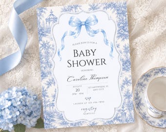 Modèle d'invitation pour baby shower sur le thème de la toile bleue, style campagne française, invitation Canva modifiable (téléchargement numérique)