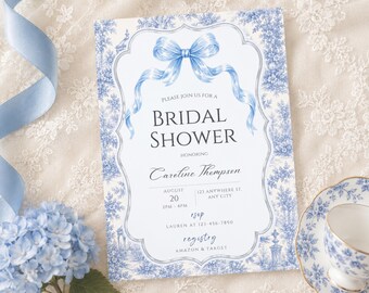 Modèle d'invitation pour une fête prénuptiale sur le thème de la toile bleue, invitation élégante pour une garden-party (téléchargement numérique)