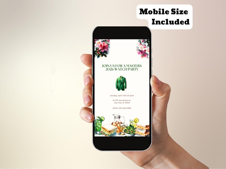May include: A smartphone displays a digital invitation for a 2026 Masters watch party. The invitation features a green blazer graphic, floral accents, and event details. The phone is held in a hand, with a light background.
